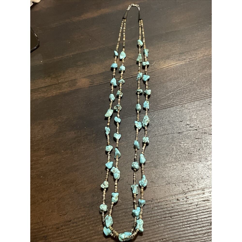 Double Strand Zuni Turquoise Nugget Handcut Heishi Native American Necklace - Picture 3 of 13